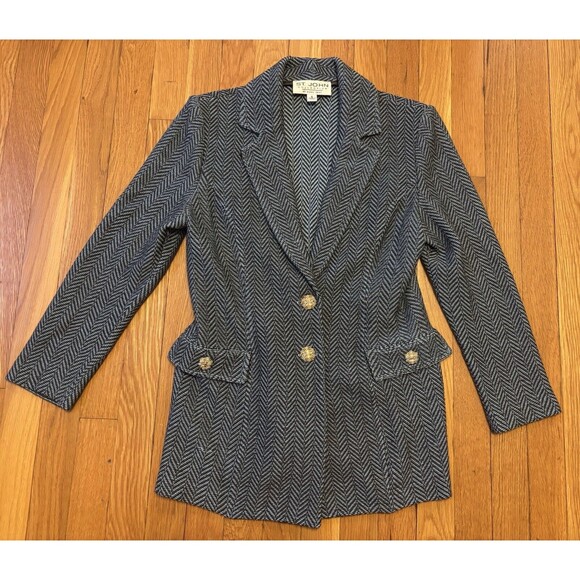 St. John Collection Knit Vintage Blue Black Herringbone Blazer Jacket Size 6 - Picture 1 of 7